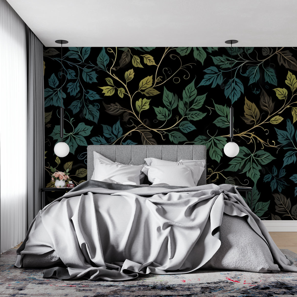 Green leaf pattern wallpaper adding natural touch to home office space