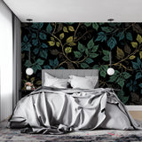 Green leaf pattern wallpaper adding natural touch to home office space