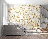 White and gold leaf wall mural in dining room with contemporary decor