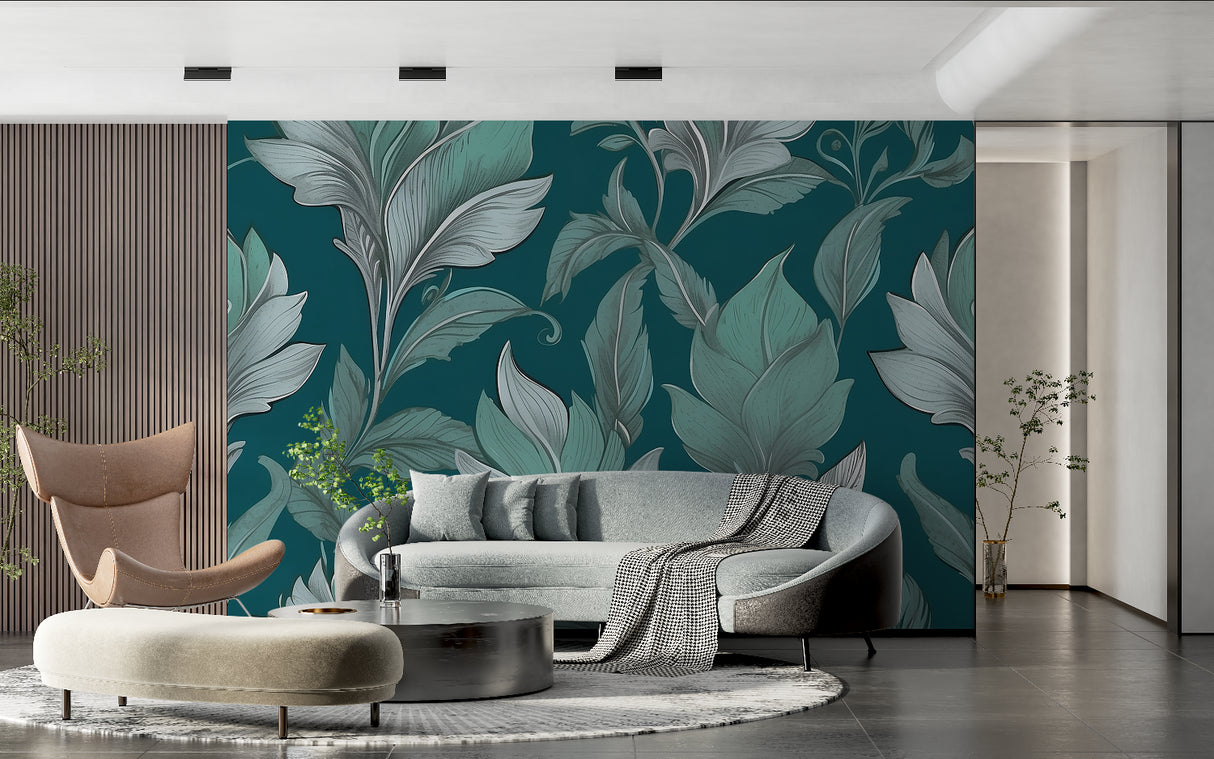 Silver leaf pattern on teal background shown in entrance hallway