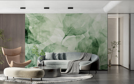 Green leaf wallpaper creating a peaceful atmosphere in a modern living room, natural light highlighting the delicate pattern
