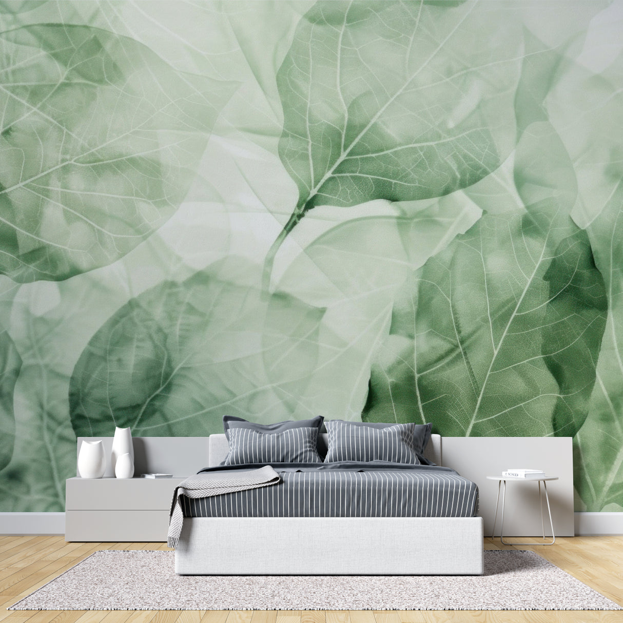 Botanical wall mural showcased in a bright bedroom, bringing nature's calming essence indoors