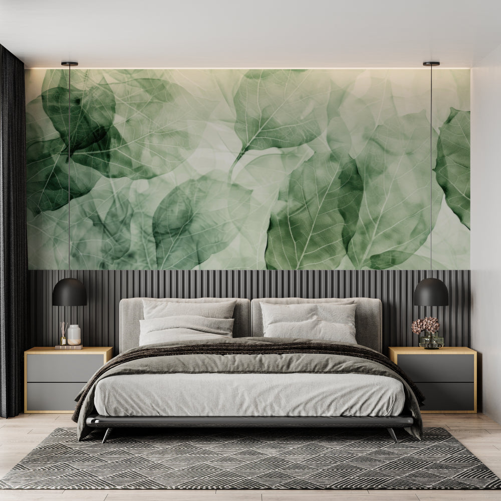Ethereal green leaf design transforming a home office with its soothing botanical pattern