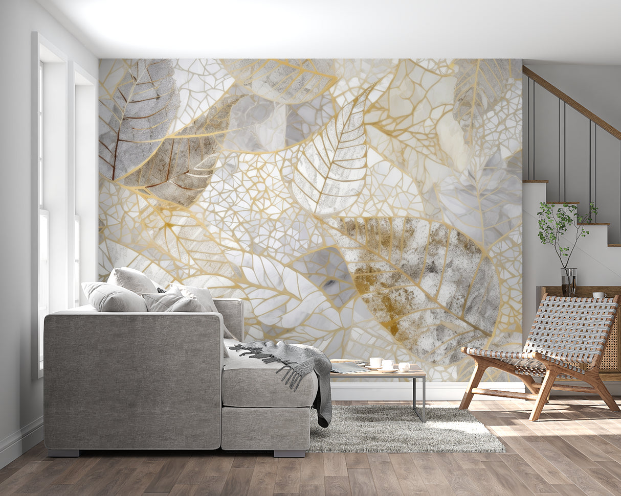 Master bedroom featuring gold leaf wallpaper with soft grey tones