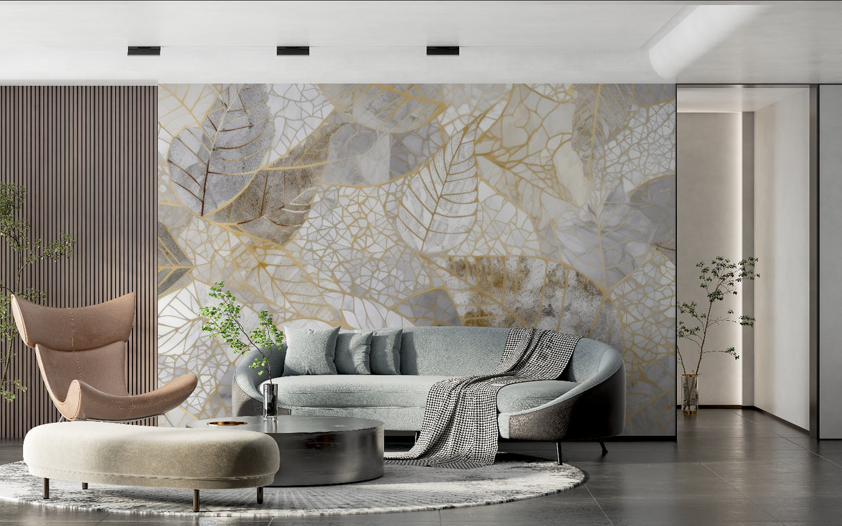 Home office wall with botanical gold and grey mural adding sophistication