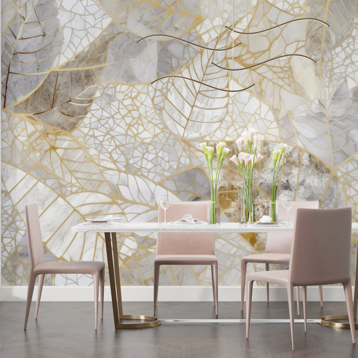 Hallway showcasing geometric leaf wallpaper in golden and grey hues
