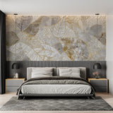 Modern gold leaf wallpaper showcased in home office with natural daylight