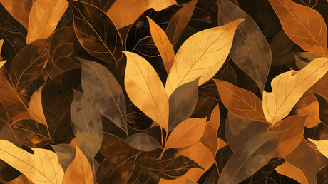 Golden leaves wallpaper mural in modern dining room, metallic details catching evening light