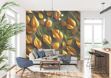 Golden leaf wallpaper mural creating a warm glow in a modern living room with gray sofa and natural light