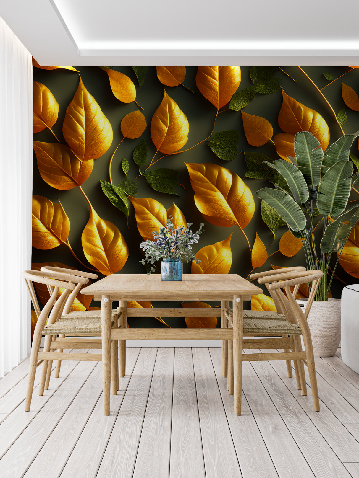 Nature-inspired gold leaf mural wallpaper in an elegant dining room with pendant lighting
