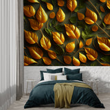 Luxury foliage wallpaper with golden accents making a statement in a home office space