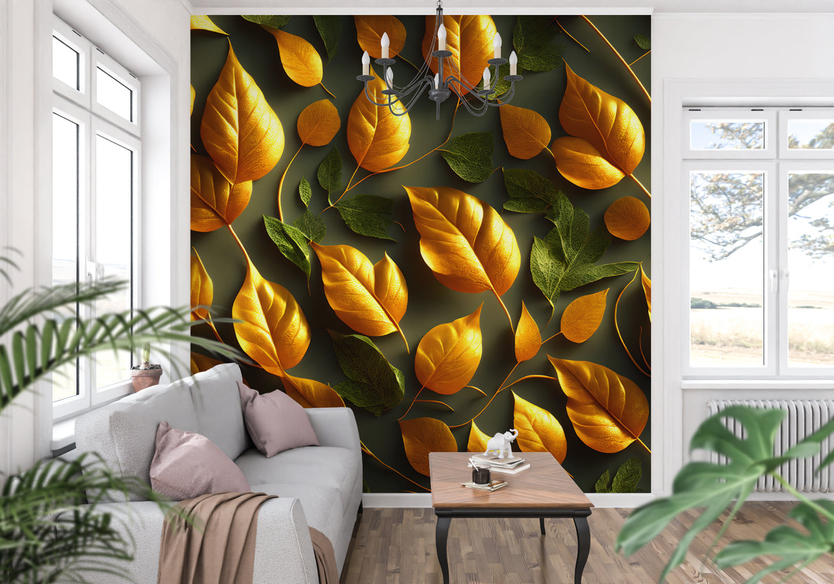 Golden and green leaf pattern mural creating depth in a contemporary hallway setting