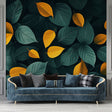 Botanical leaf mural wallpaper creating depth in modern living room with green and gold accents