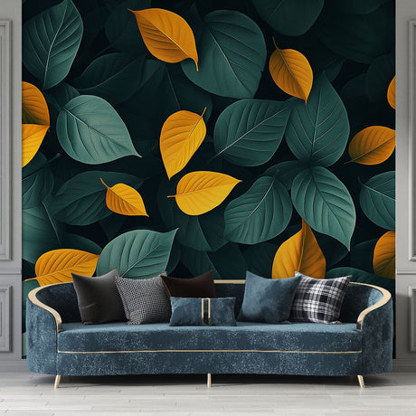 Botanical leaf mural wallpaper creating depth in modern living room with green and gold accents