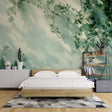 Botanical vine shadow wallpaper creating a peaceful atmosphere in a modern living room with natural light