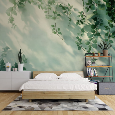 Botanical vine shadow wallpaper creating a peaceful atmosphere in a modern living room with natural light