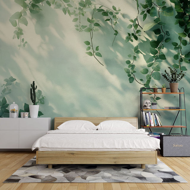 Botanical vine shadow wallpaper creating a peaceful atmosphere in a modern living room with natural light