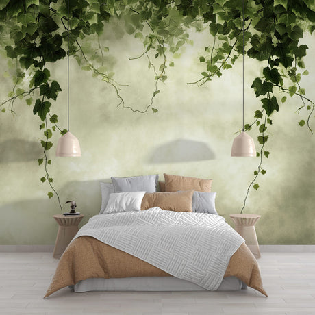 Green Hanging Ivy Wallpaper creating a natural backdrop in a bright modern living room with minimal furniture