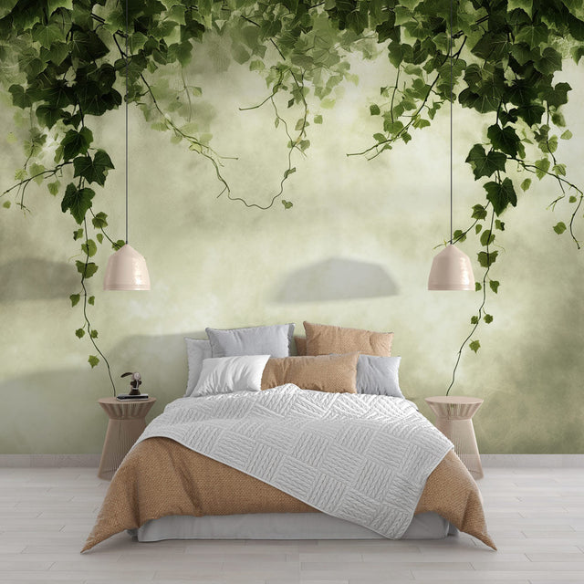 Green Hanging Ivy Wallpaper creating a natural backdrop in a bright modern living room with minimal furniture