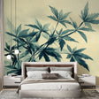Japanese maple leaf wallpaper creating a calm atmosphere in a modern living room with teal accents