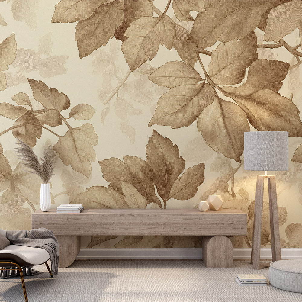 Large scale beige leaf wallpaper mural in a modern living room with natural light streaming through windows