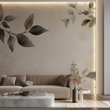 Botanical wall mural with black leaves in a contemporary bedroom setting