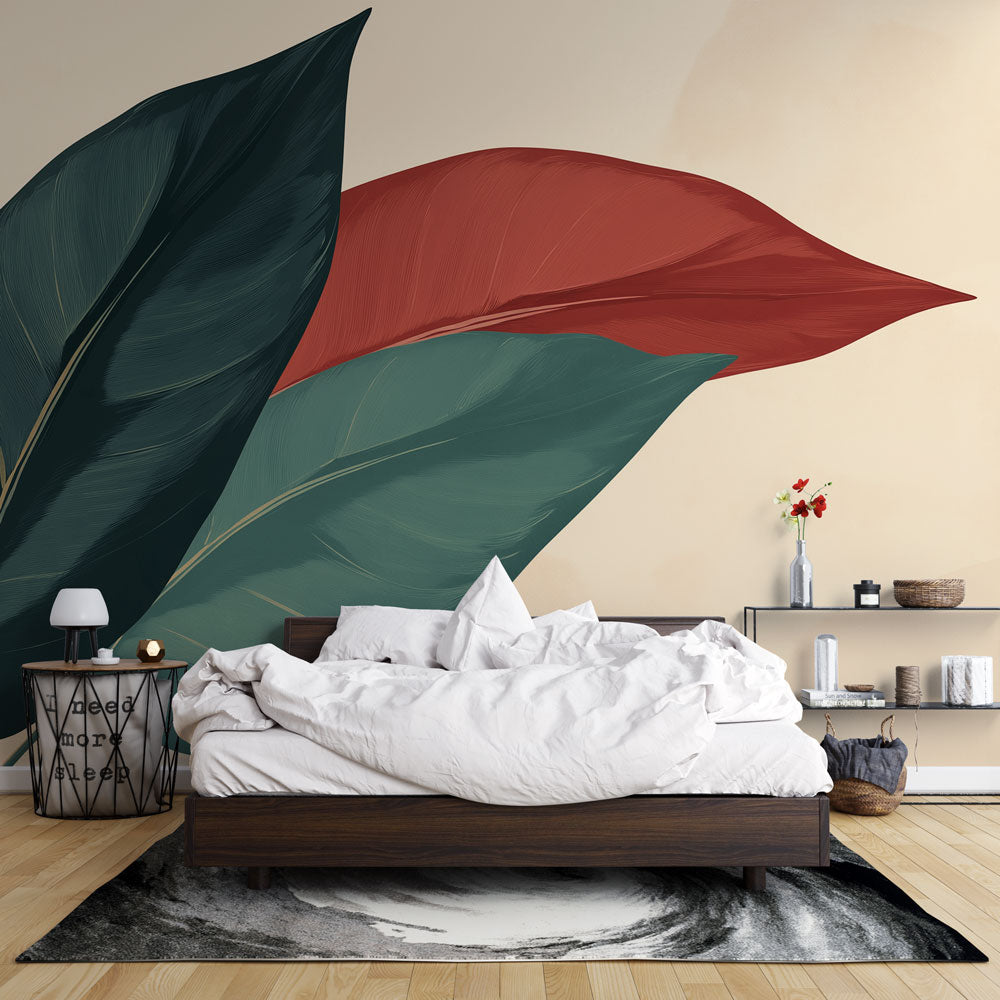 Modern botanical wallpaper with green and terracotta leaves shown in a bright living room with minimal furniture