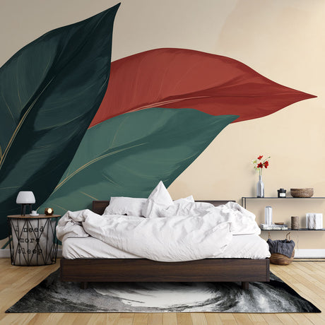 Modern botanical wallpaper with green and terracotta leaves shown in a bright living room with minimal furniture