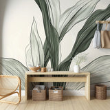 Modern Botanical Wallpaper creating a fresh look in a bright living room with minimal furniture and natural light
