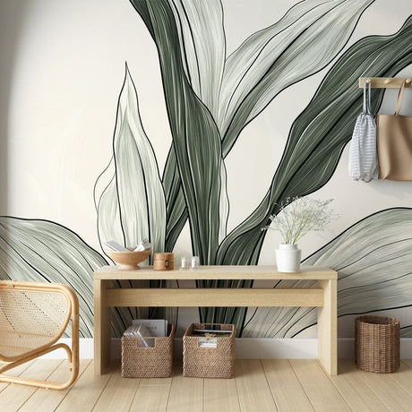 Modern Botanical Wallpaper creating a fresh look in a bright living room with minimal furniture and natural light