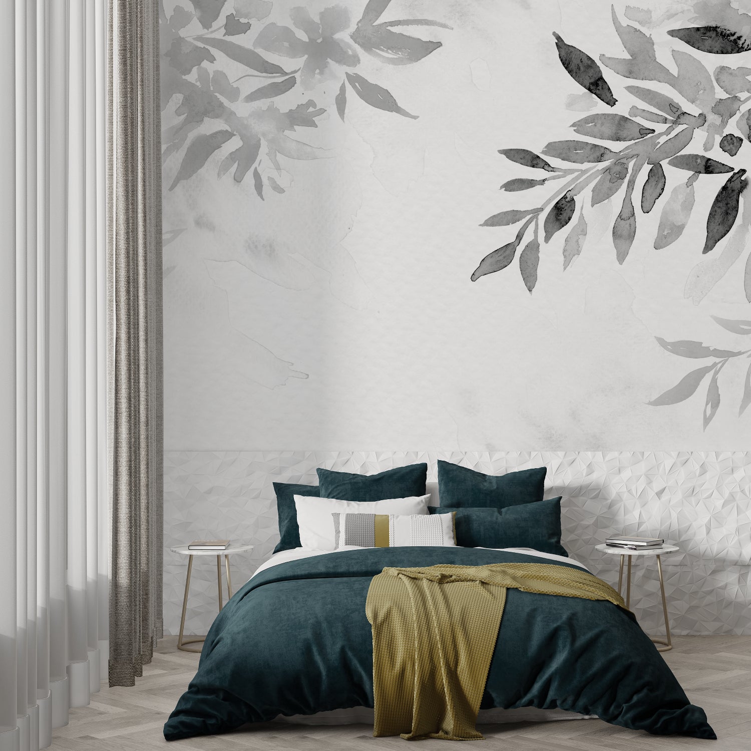 Minimalist botanical wallpaper displayed in bright bedroom setting