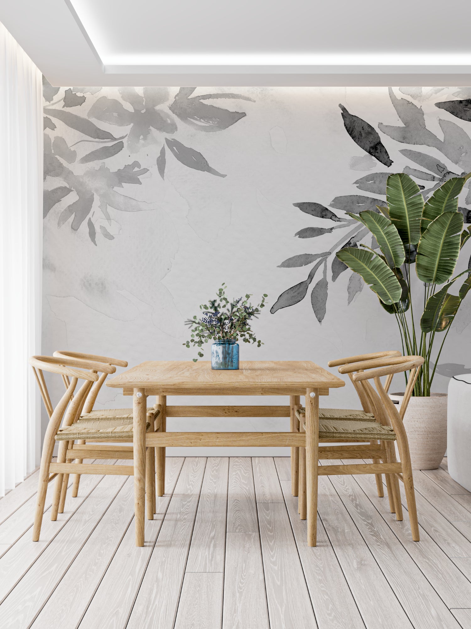 Grey foliage wall mural enhancing dining room ambiance