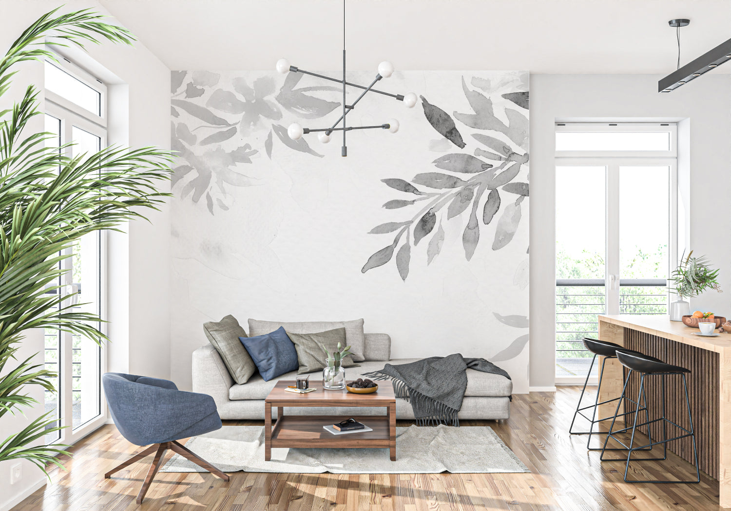 Botanical wall mural creating calm atmosphere in meditation room