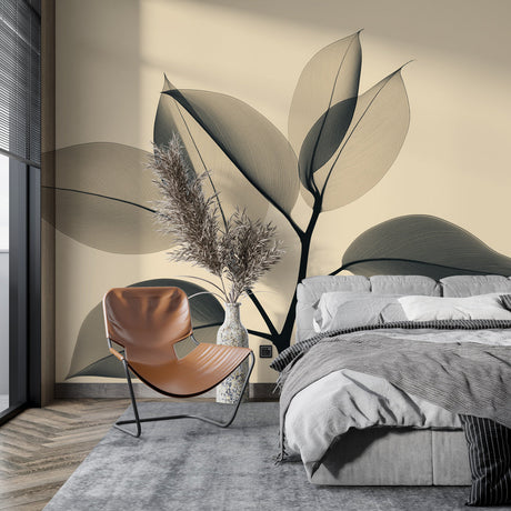 Minimalist transparent leaf wallpaper creating a serene atmosphere in a bright modern living room with natural light