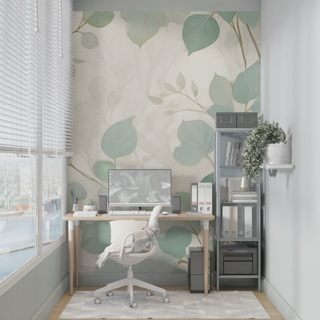 Mint green botanical wallpaper in modern living room showing fresh leaf pattern