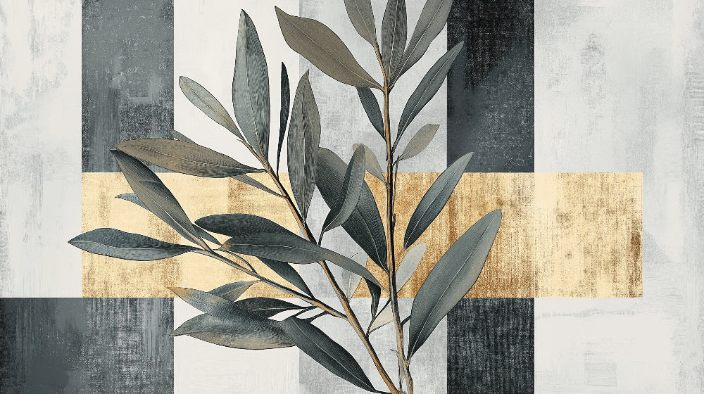 Modern botanical wallpaper design file showing gold accent leaves pattern on grey background