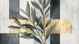 Modern botanical wallpaper design file showing gold accent leaves pattern on grey background