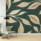 Modern botanical wallpaper with beige and green leaves creating a peaceful atmosphere in a bright living room