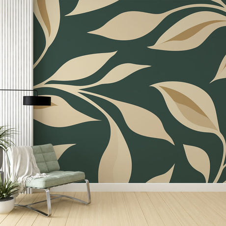 Modern botanical wallpaper with beige and green leaves creating a peaceful atmosphere in a bright living room