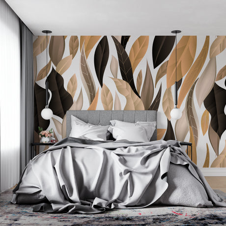 Modern black leaf wallpaper in a bright living room with minimalist furniture