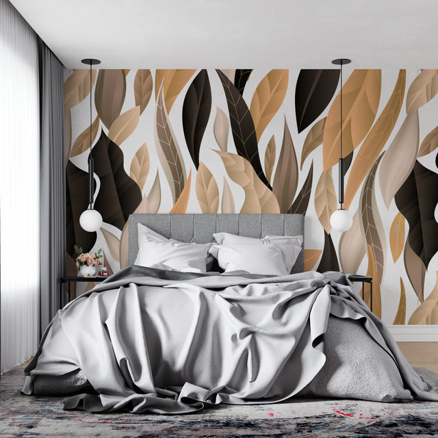 Modern black leaf wallpaper in a bright living room with minimalist furniture