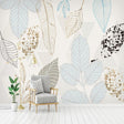 Modern botanical line art wallpaper with gold accents creating an elegant atmosphere in a bright living room