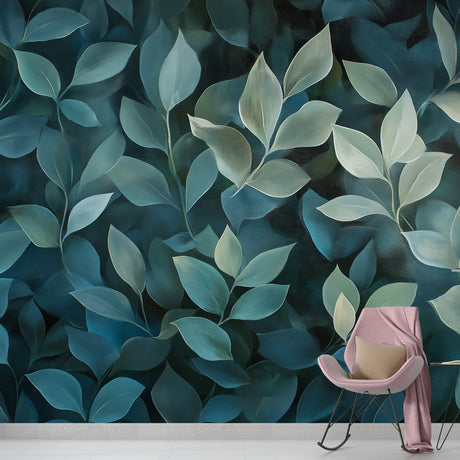 Blue foliage wallpaper creating a serene atmosphere in a modern living room with natural light and minimal furniture