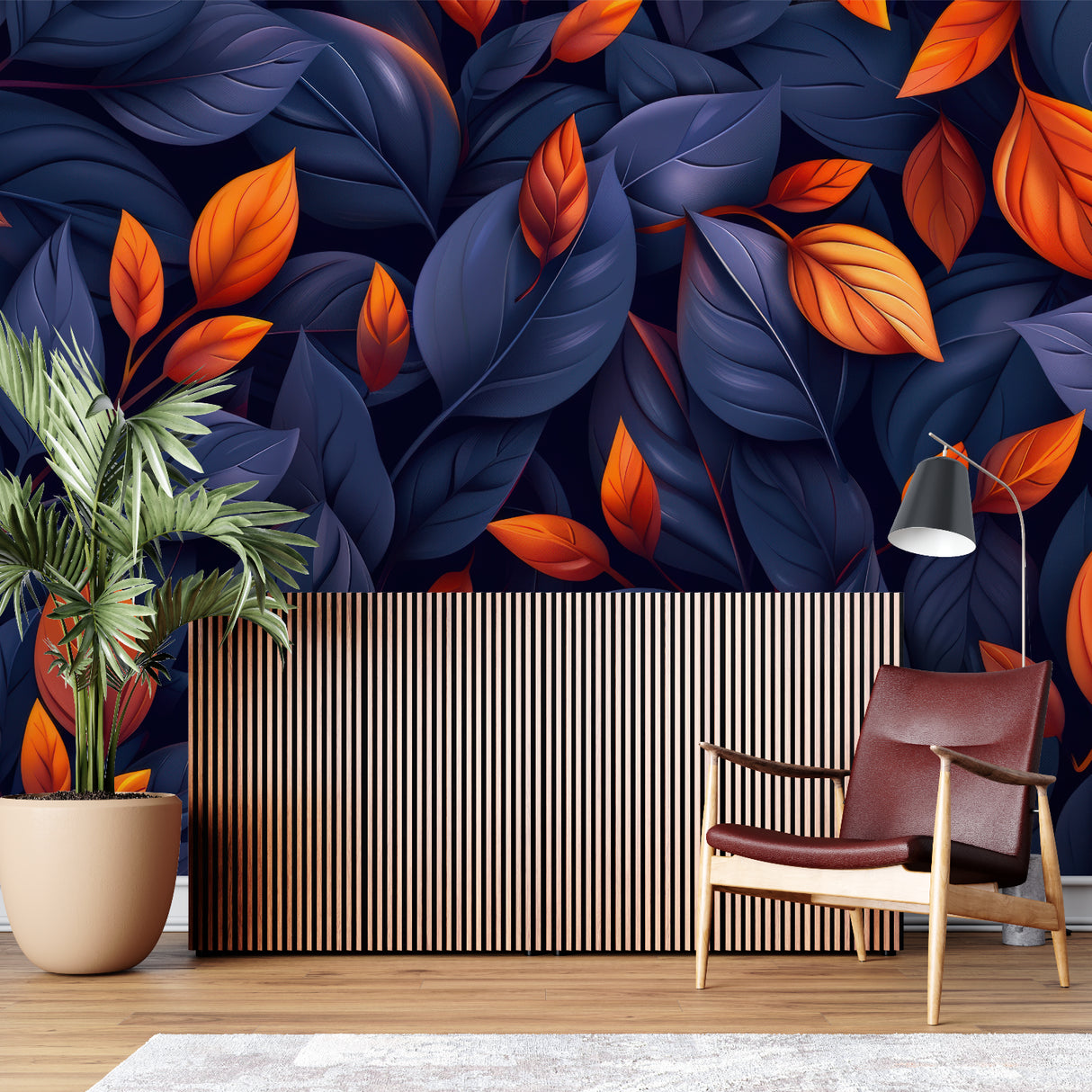 Navy blue and orange leaf wallpaper in modern living room with grey sofa and natural light