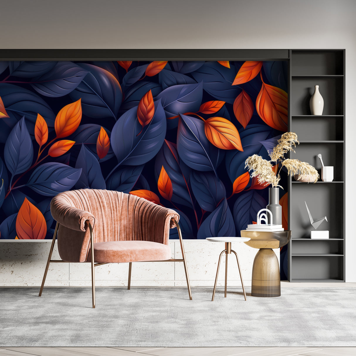 Contemporary dining room featuring bold leaf pattern wallpaper with navy and orange colors