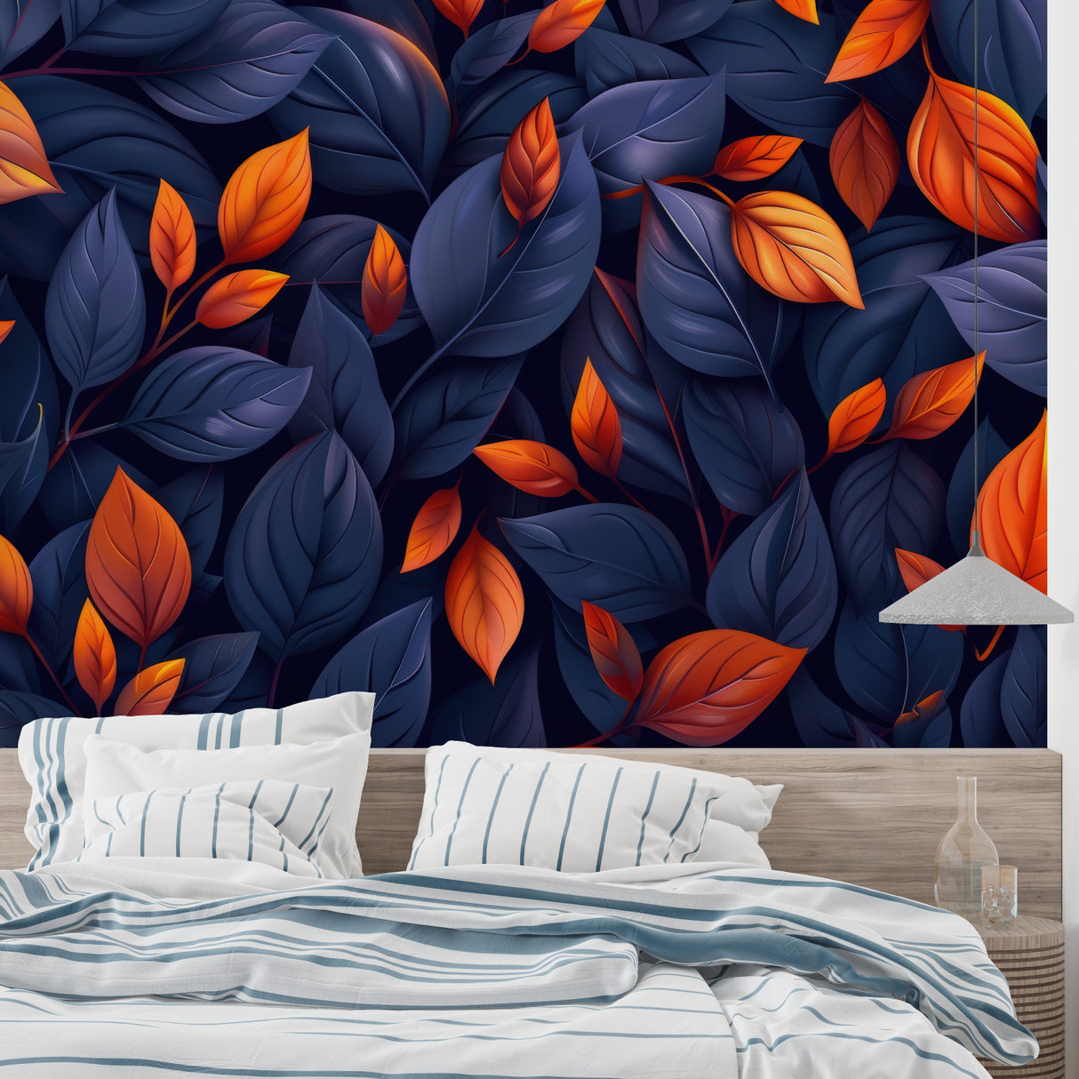 Home office space with modern foliage wallpaper showing deep navy and warm orange leaves