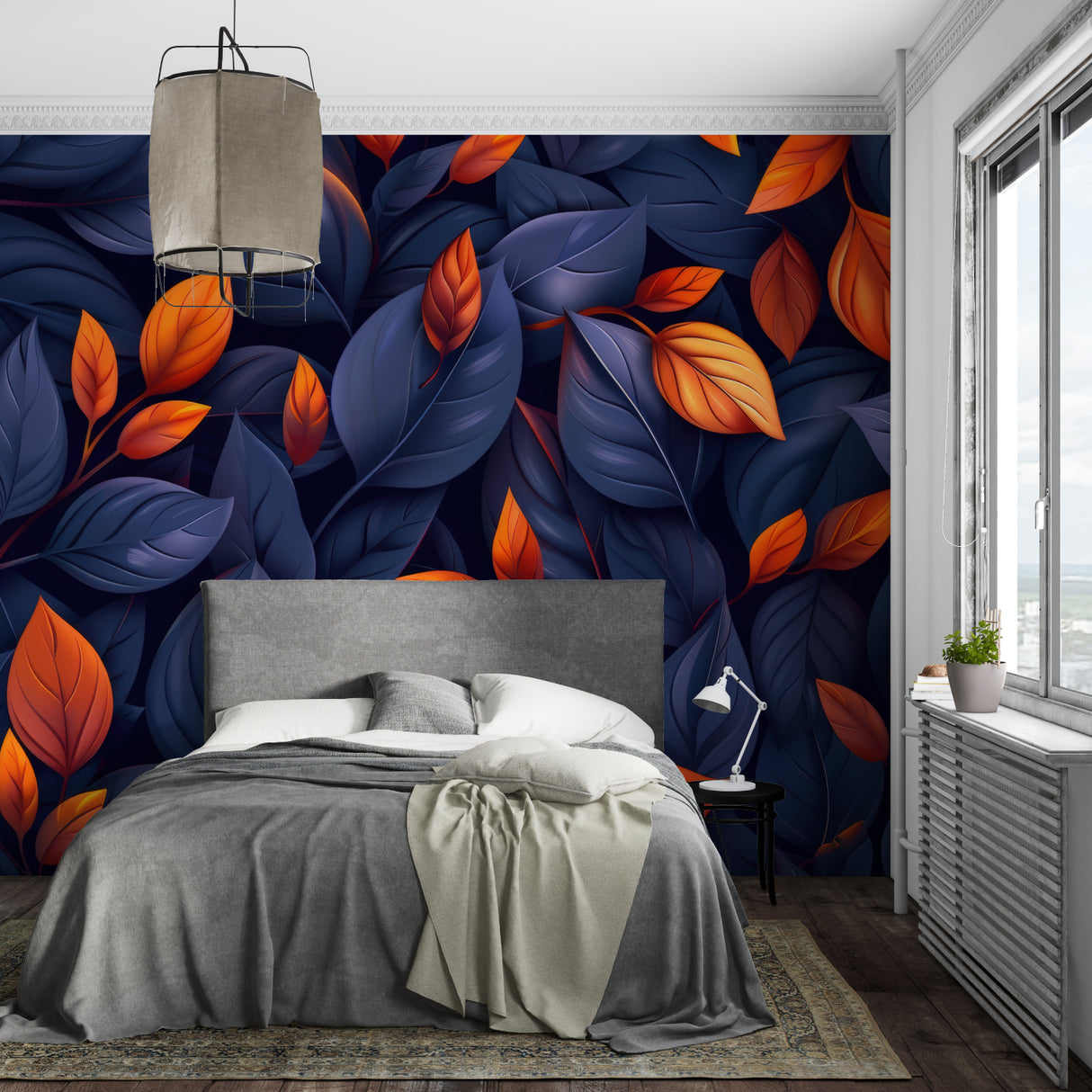 Master bedroom wall with dramatic leaf mural in navy blue and orange tones