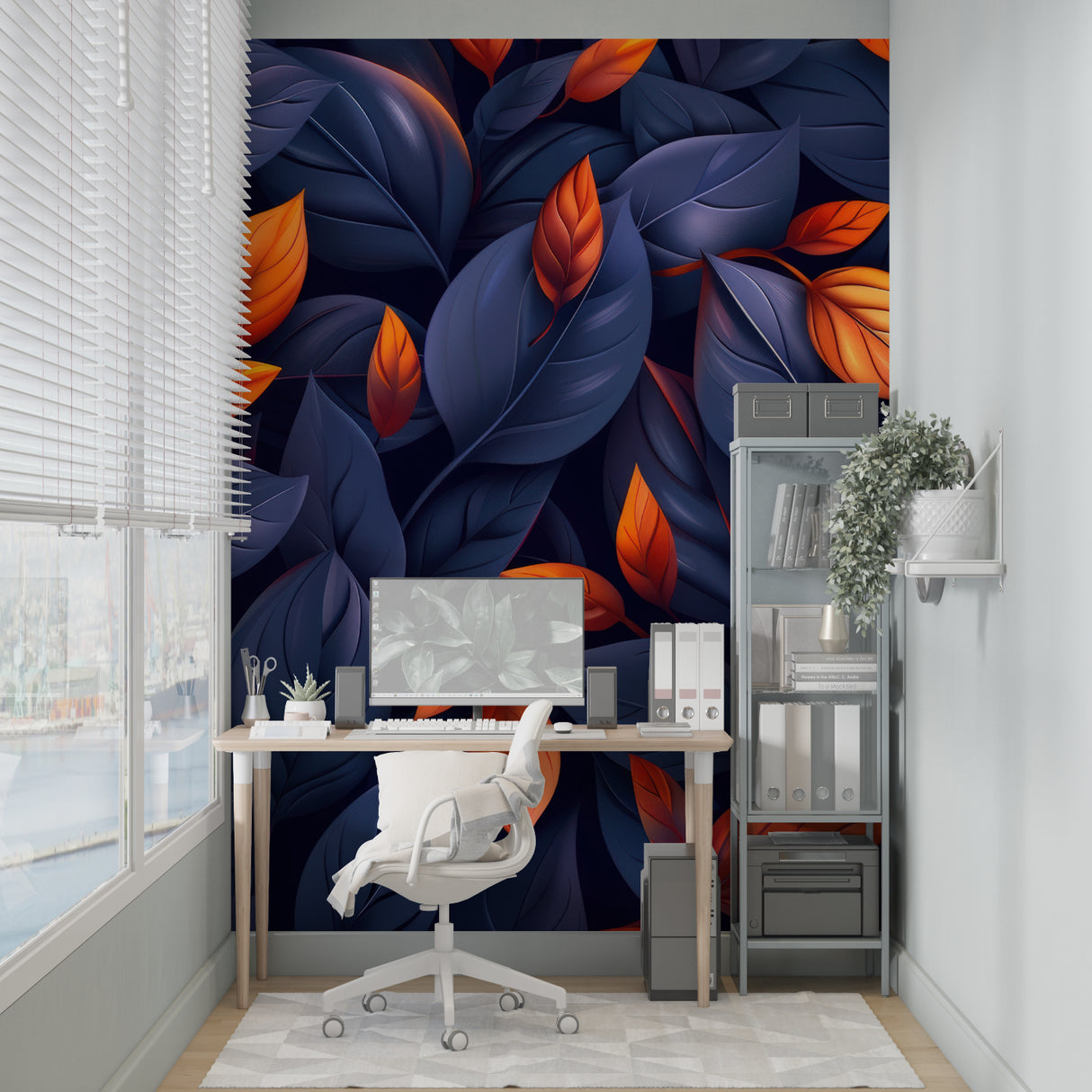 Entryway decorated with bold botanical wallpaper featuring navy and orange leaf design