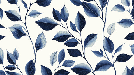 Botanical wallpaper design file showing navy blue leaves pattern on light background