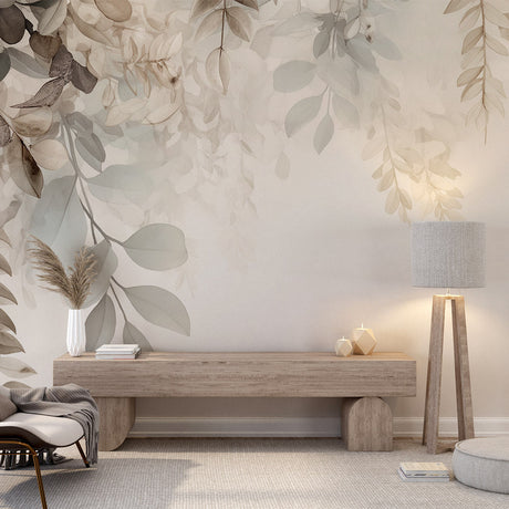 Botanical wallpaper mural in modern living room showing neutral watercolor leaves creating a peaceful atmosphere